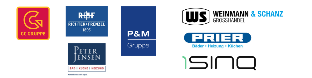Logos der Großhändler GC Gruppe, Richter und Frenzel, Weinmann und Schanz, Peter Jensen, Prier, 1Sinq, P+M